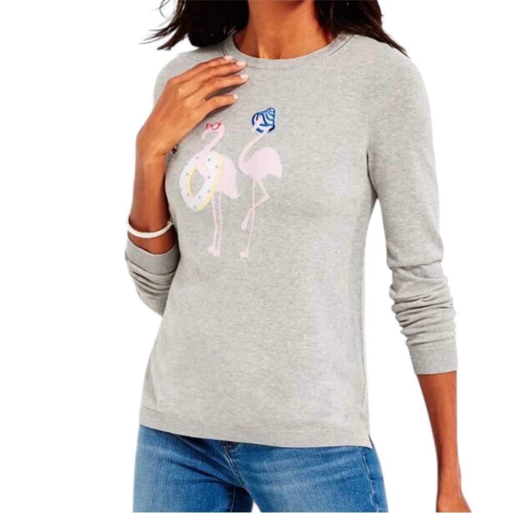 Talbolts Coquette Preppy Gray Flamingo Graphic Sweater